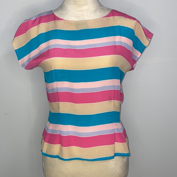 Avon Fashion Vintage stripe 100% silk pleated back button blouse size 3/4 (S/M) - Picture 2 of 11